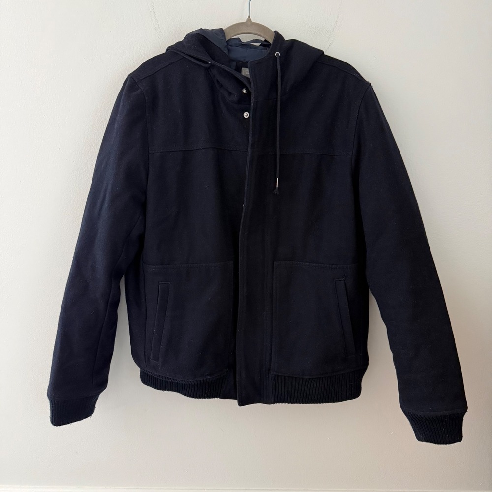 Gap Mens Navy‎ Blue Wool Blend Hooded Bomber Jacket Quilted Lining Size L
